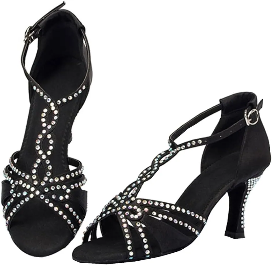 TDA Womens T-strap Peep Toe High Heels Crystals Satin Latin Modern Salsa Tango Ballroom Wedding Dance Shoes