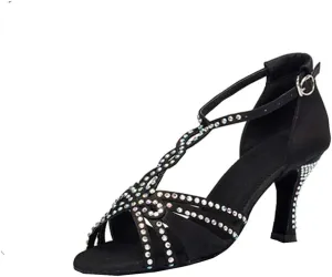 TDA Womens T-strap Peep Toe High Heels Crystals Satin Latin Modern Salsa Tango Ballroom Wedding Dance Shoes