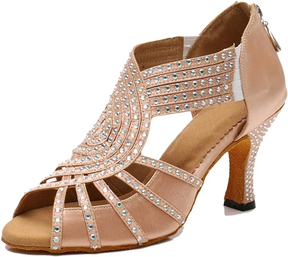TDA Womens Zipper Flared Heel Beige Satin Crystals Latin Modern Salsa Tango Ballroom Wedding Dance Shoes 6.5 M US
