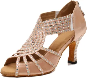 TDA Womens Zipper Flared Heel Beige Satin Crystals Latin Modern Salsa Tango Ballroom Wedding Dance Shoes 6.5 M US