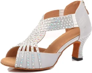 TDA Womens Zipper Flared Heel Silver Satin Crystals Latin Modern Salsa Tango Ballroom Wedding Dance Shoes 8 M US