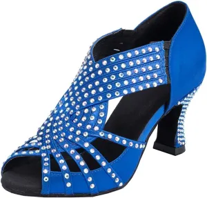 TDA Womens Zipper Mid Heel Blue Satin Crystals Latin Modern Salsa Tango Ballroom Wedding Dance Shoes 4.5 M US