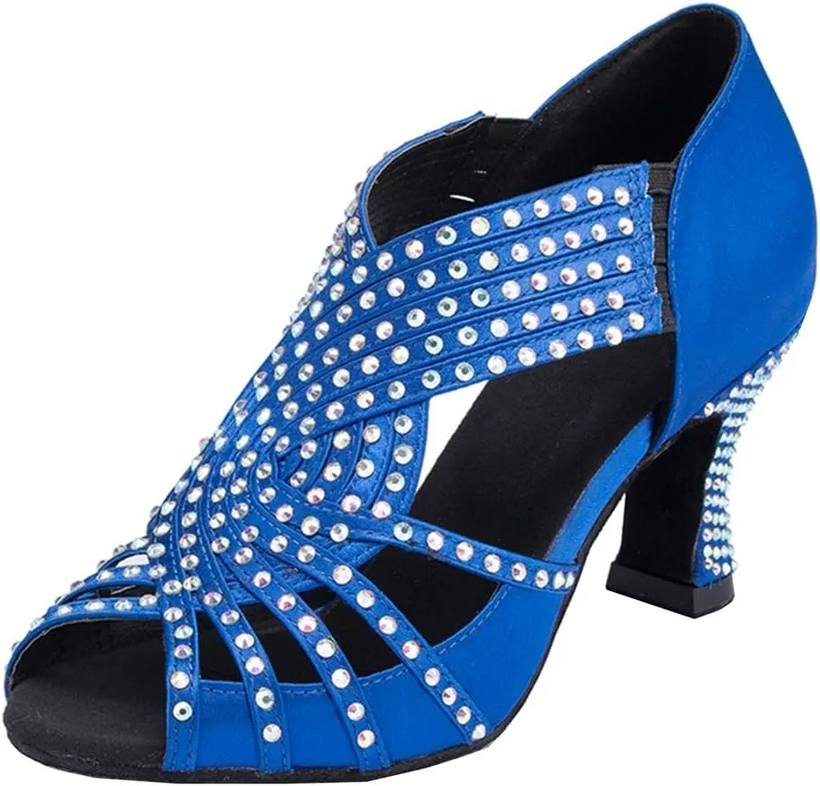 TDA Womens Zipper Mid Heel Blue Satin Crystals Latin Modern Salsa Tango Ballroom Wedding Dance Shoes 4.5 M US