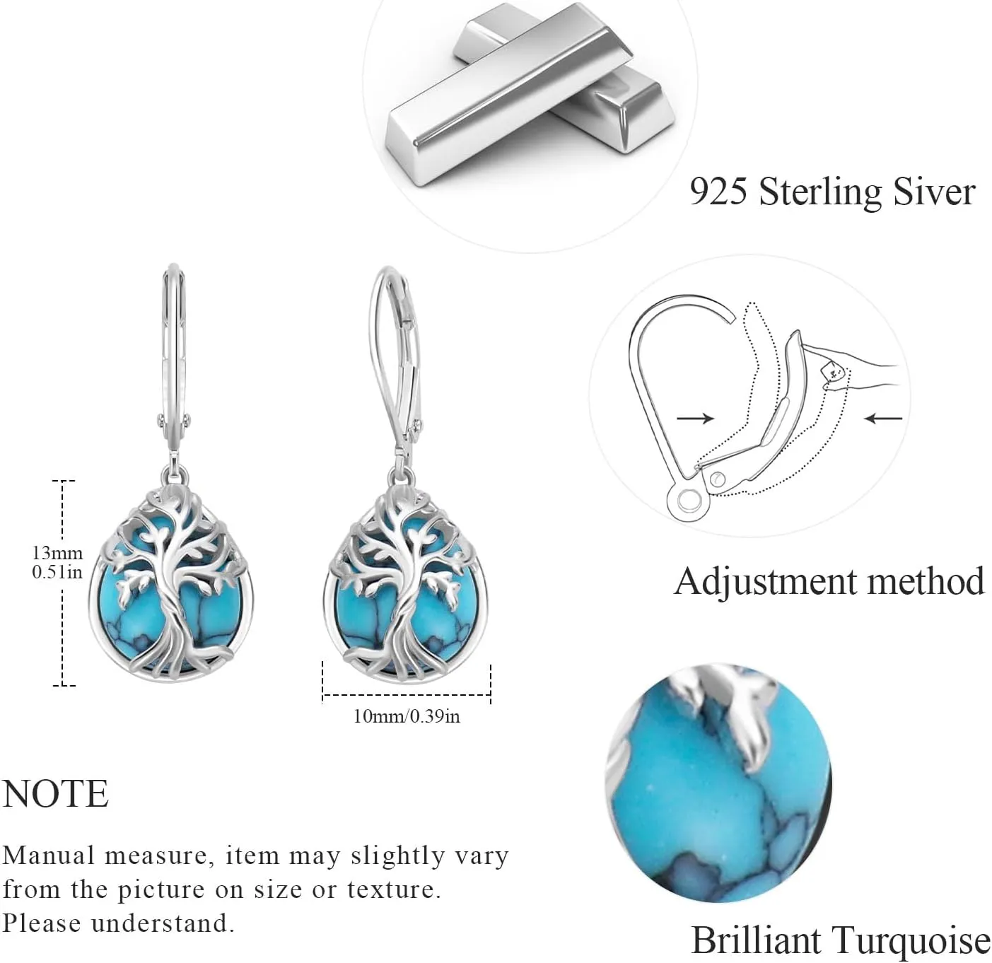 Teardrop Turquoise Leverback Earrings, 925 Sterling Silver Tree of Life Tiny Turquoise Family Tree Hypoallergenic Dangle Earring for Sensitive Ears for Women Daughter Girlfriend with Box