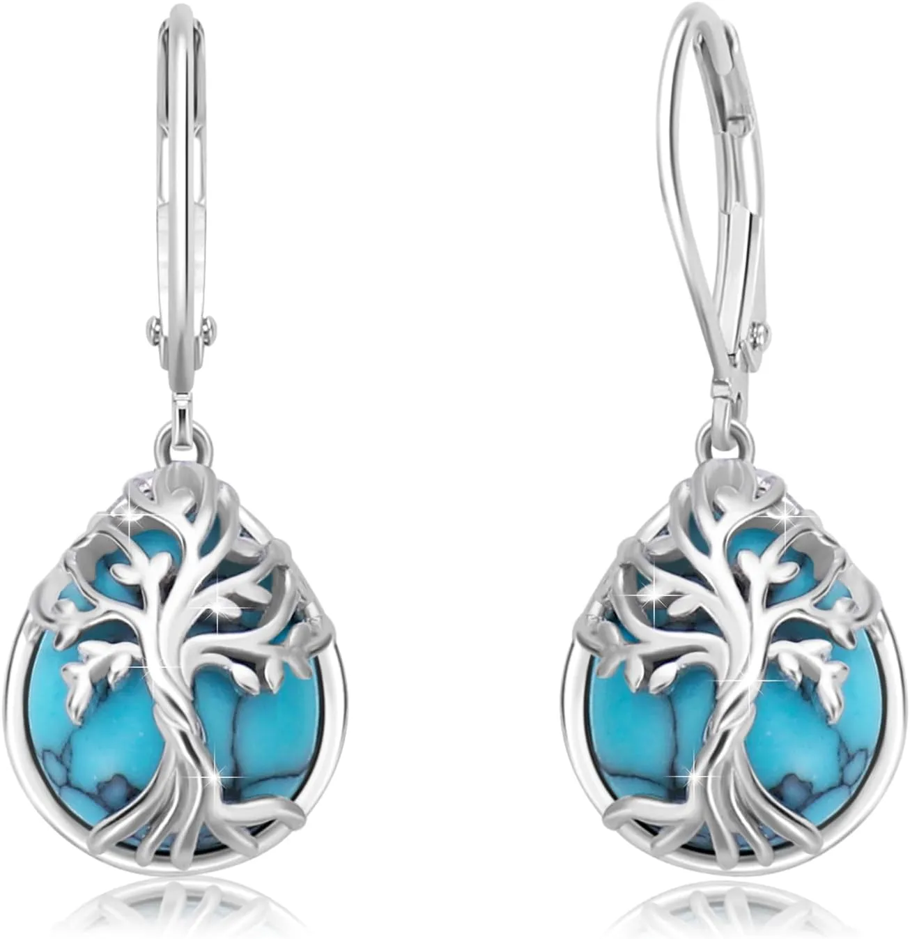 Teardrop Turquoise Leverback Earrings, 925 Sterling Silver Tree of Life Tiny Turquoise Family Tree Hypoallergenic Dangle Earring for Sensitive Ears for Women Daughter Girlfriend with Box