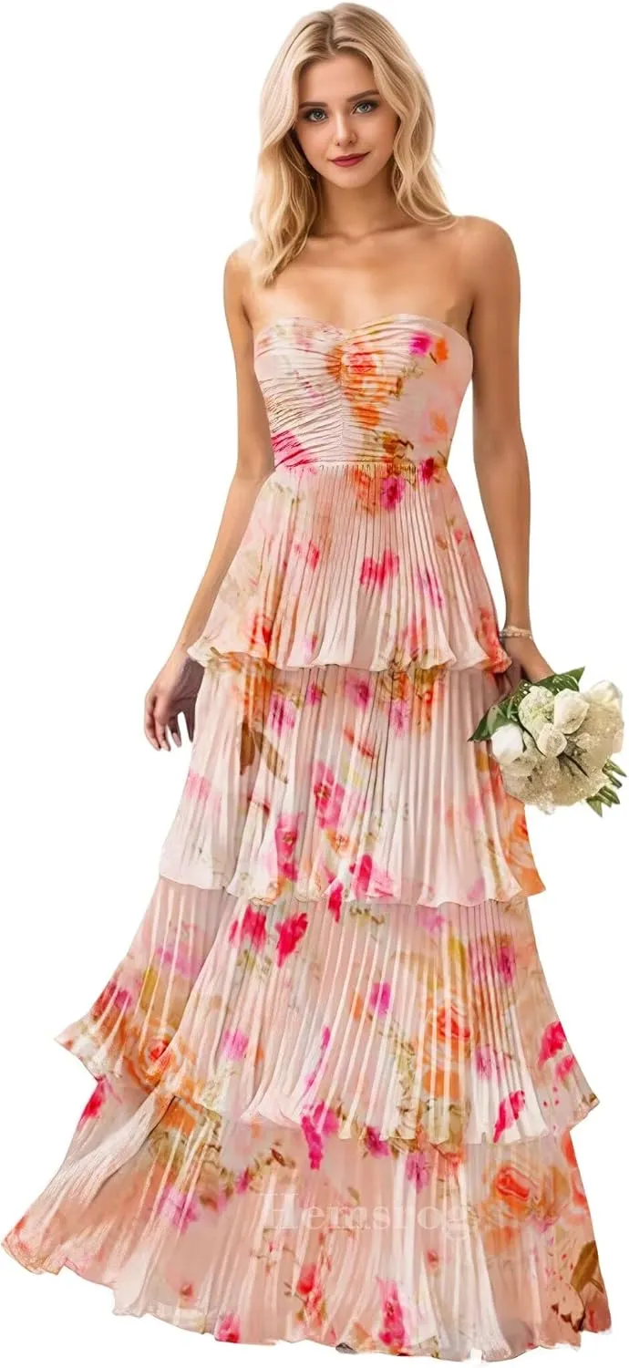 Tiered Ruffle Bridesmaid Dresses for Wedding Strapless Chiffon Prom Dresses Long Flowy Formal Evening Gowns for Women