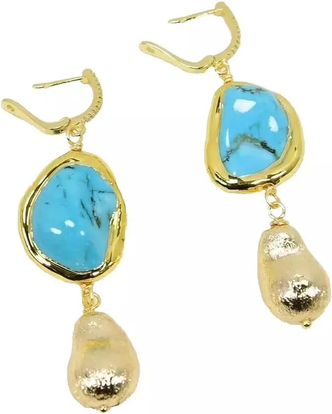 Turquoise and Gold Plated Drop Earrings, Freeform Stone with Brushed Bead Dangle, Hook Style