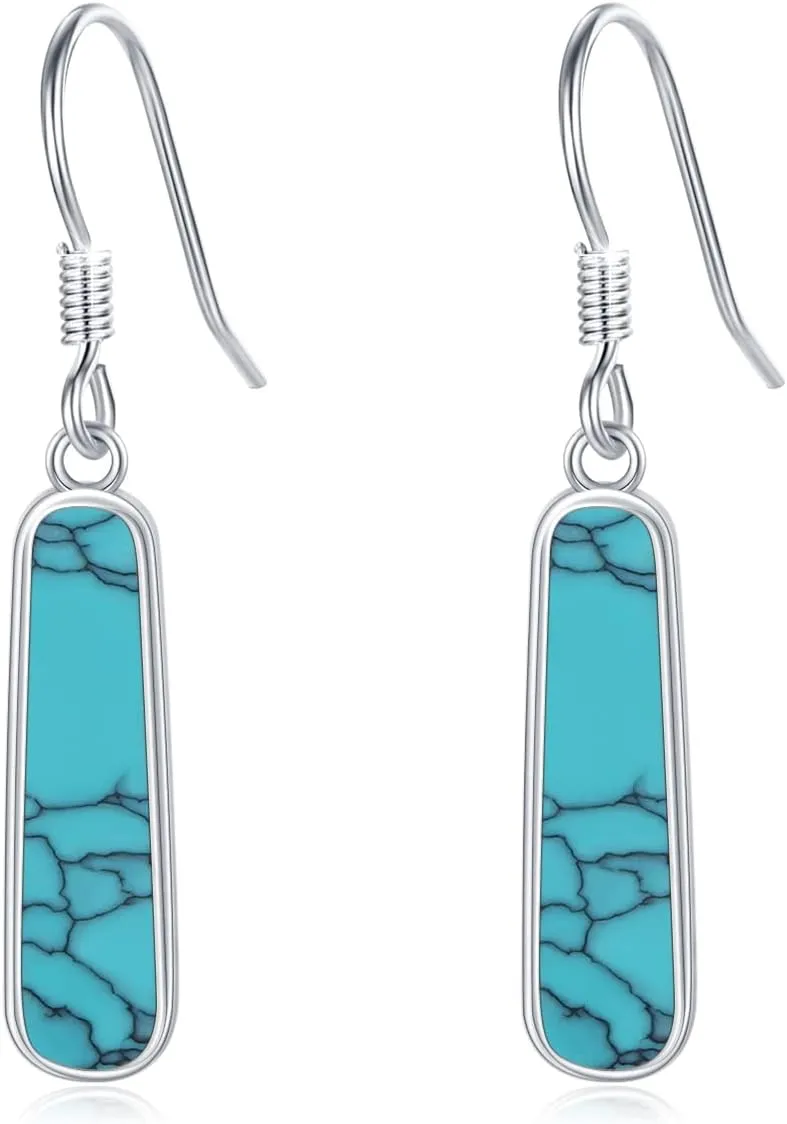Turquoise Dangle Earrings, Rectangle Turquoise Leverback Earrings S925 Sterling Silver Gemstone Earrings Jewelry for Women