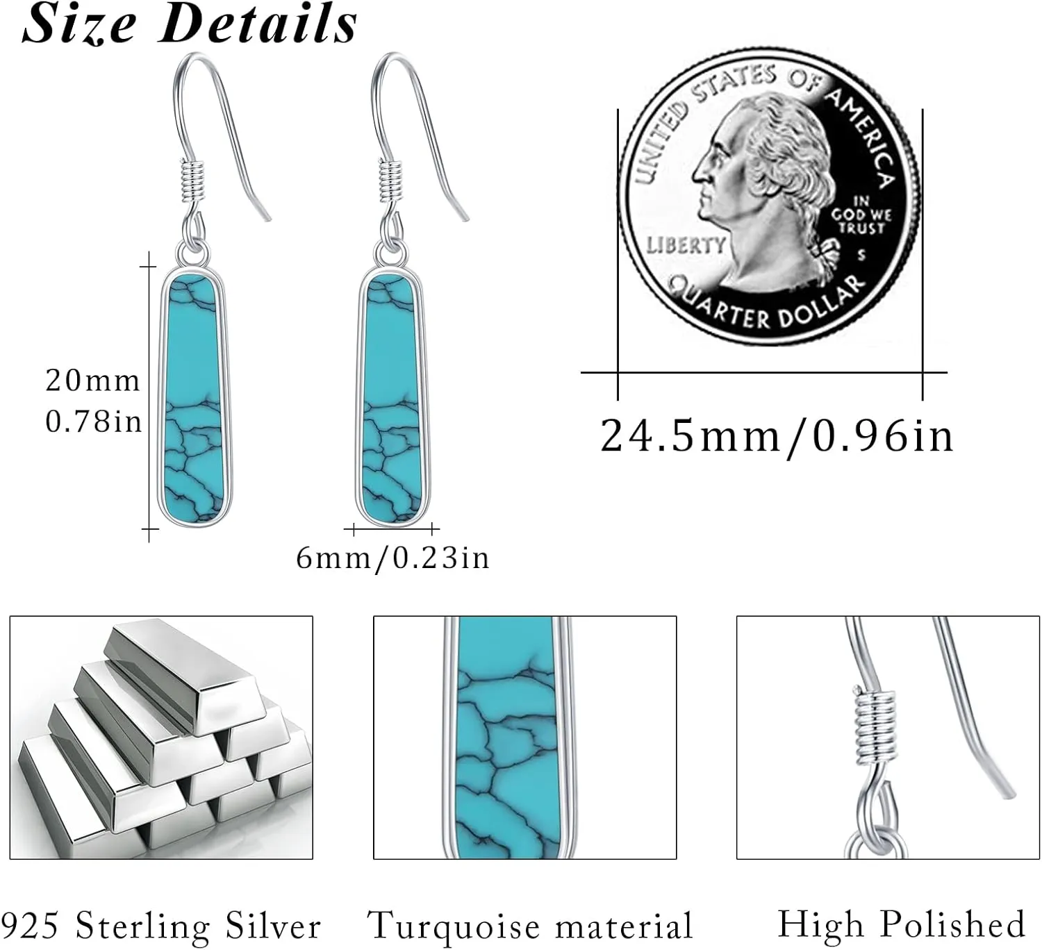 Turquoise Dangle Earrings, Rectangle Turquoise Leverback Earrings S925 Sterling Silver Gemstone Earrings Jewelry for Women