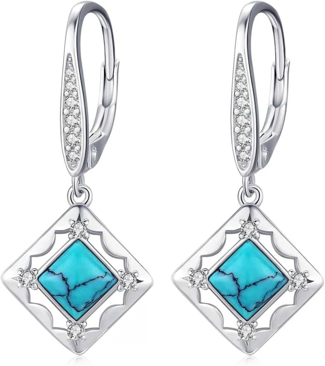 Turquoise Earring Sterling Silver Square Turquoise Drop Dangle Earrings Turquoise Leverback Earring with Cubic Zirconia Turquoise Jewelry Gifts