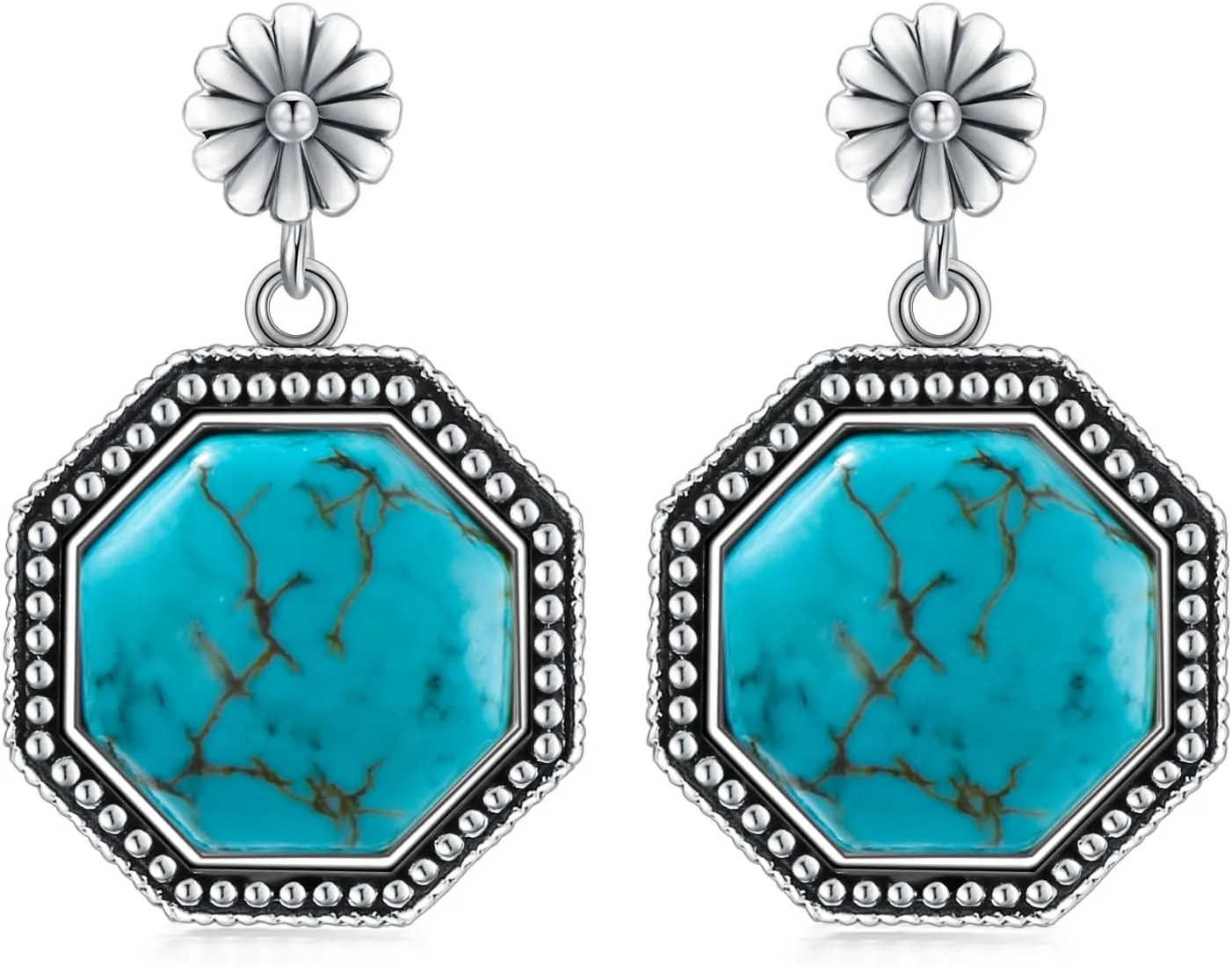Turquoise Earrings 925 Sterling Silver Octagon Genuine Blue Dangle Turquoise Western Bohemian Jewelry Gift for Women