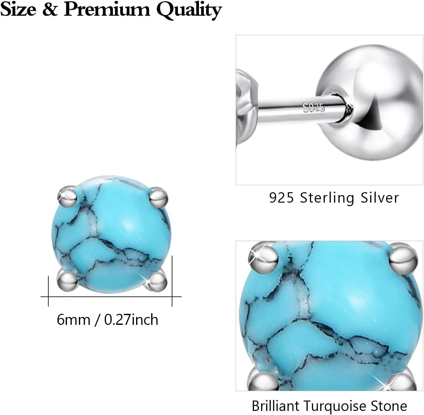 Turquoise Studs Earrings, Round Shape 925 Sterling Silver Screwback Studs for Women, Turquoise Jewelry Mother Day for Women Mom Wife Girlfriend