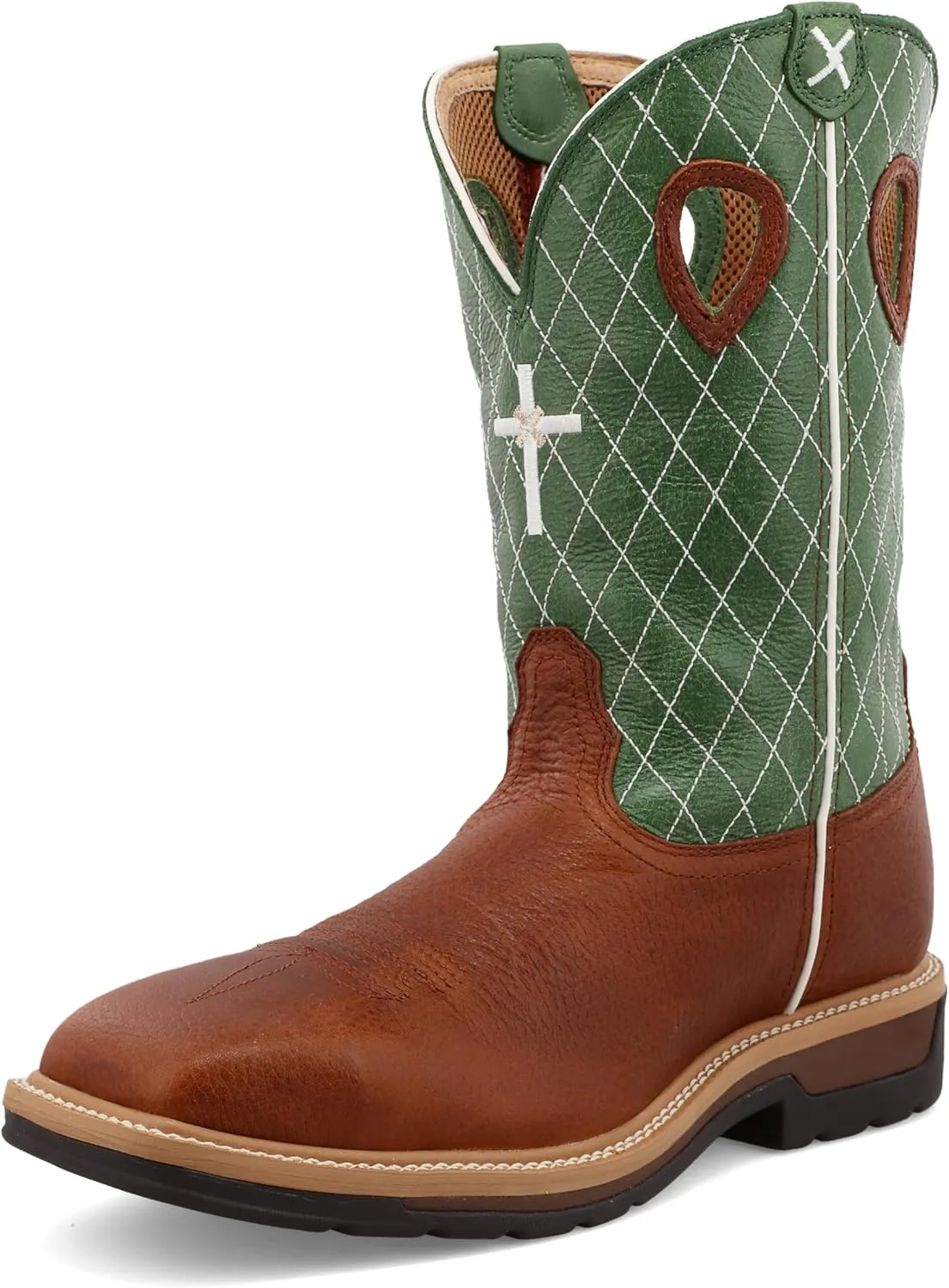 Twisted X Men's 12" Western Work Boot, Square Toe Steel Toe, Cognac Glazed Pebble & Lime, 11 EE