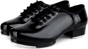 Unisex Kids Youth Boys Girls Black Tap Dance Shoes Lace-Up Heels Split Sole Jazz Dancing Shoes