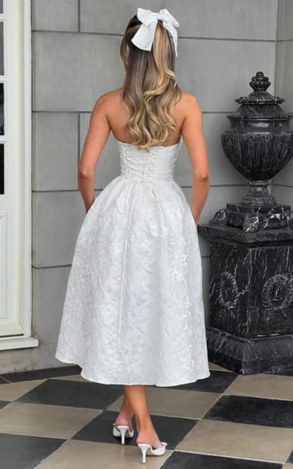 UZN Strapless Jacquard Satin Prom Dresses Floral Midi HOCO Dress Formal Party Gowns with Pockets
