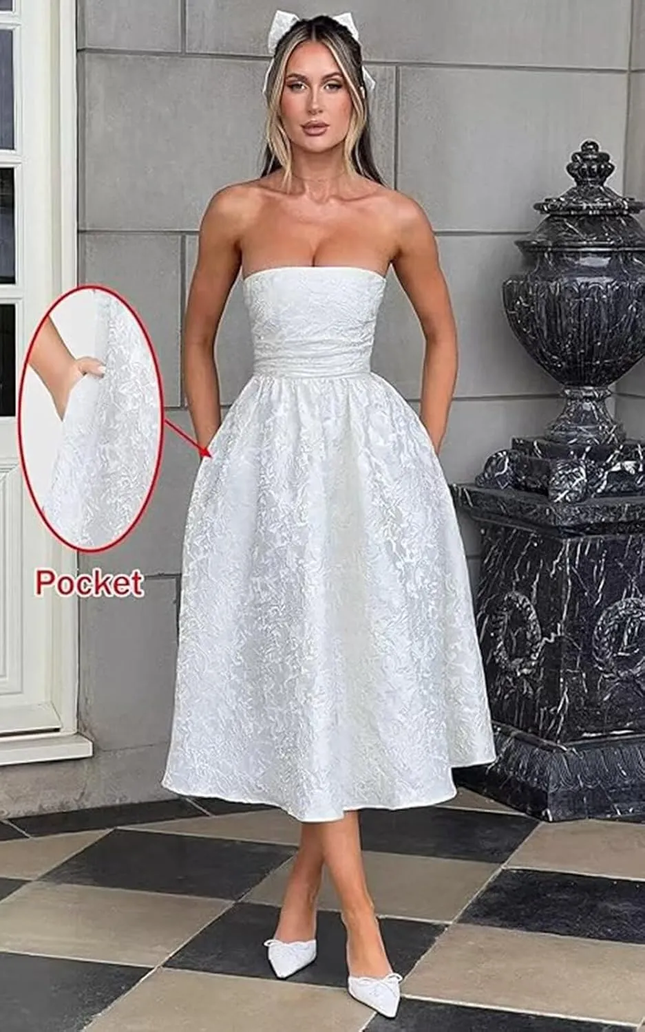 UZN Strapless Jacquard Satin Prom Dresses Floral Midi HOCO Dress Formal Party Gowns with Pockets