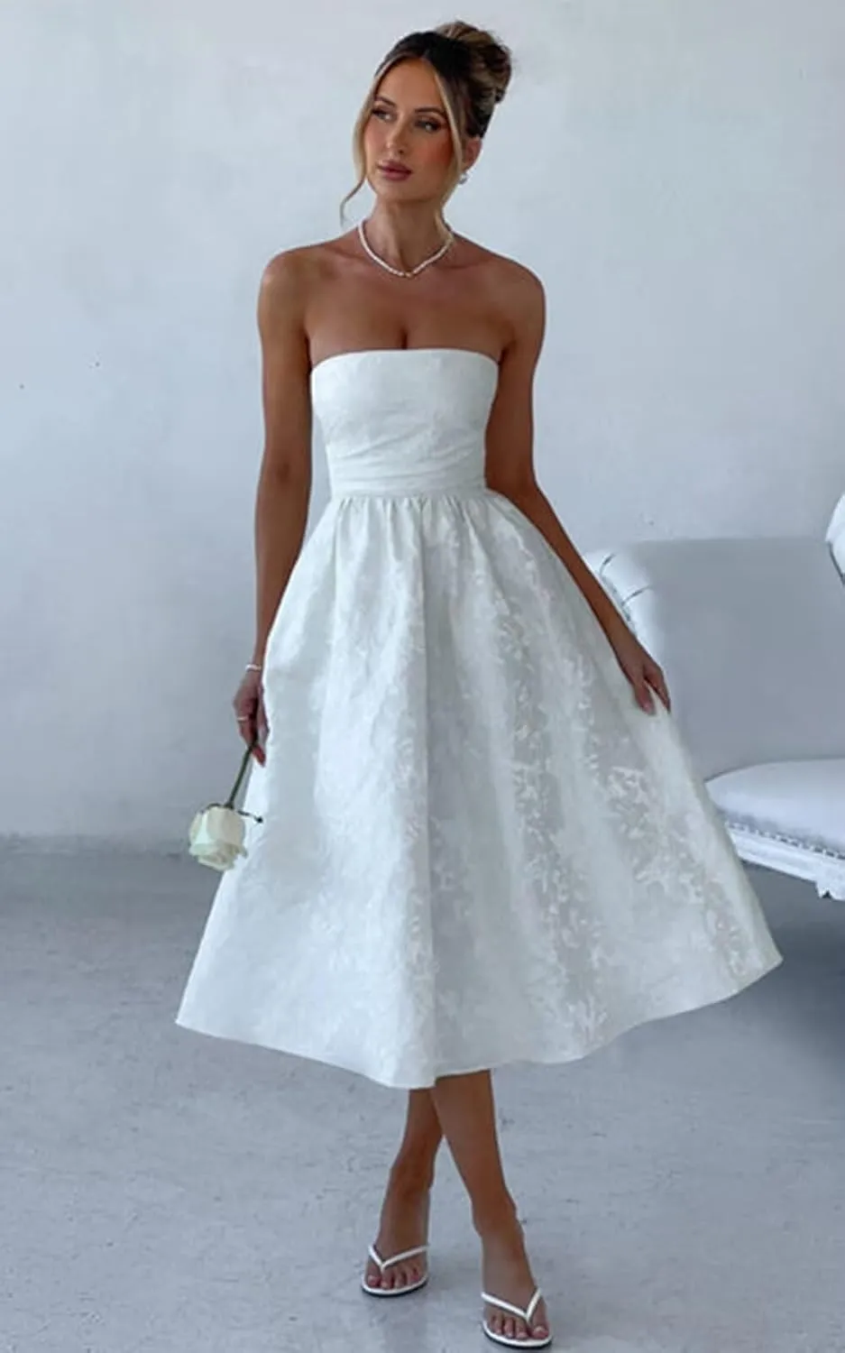 UZN Strapless Jacquard Satin Prom Dresses Floral Midi HOCO Dress Formal Party Gowns with Pockets