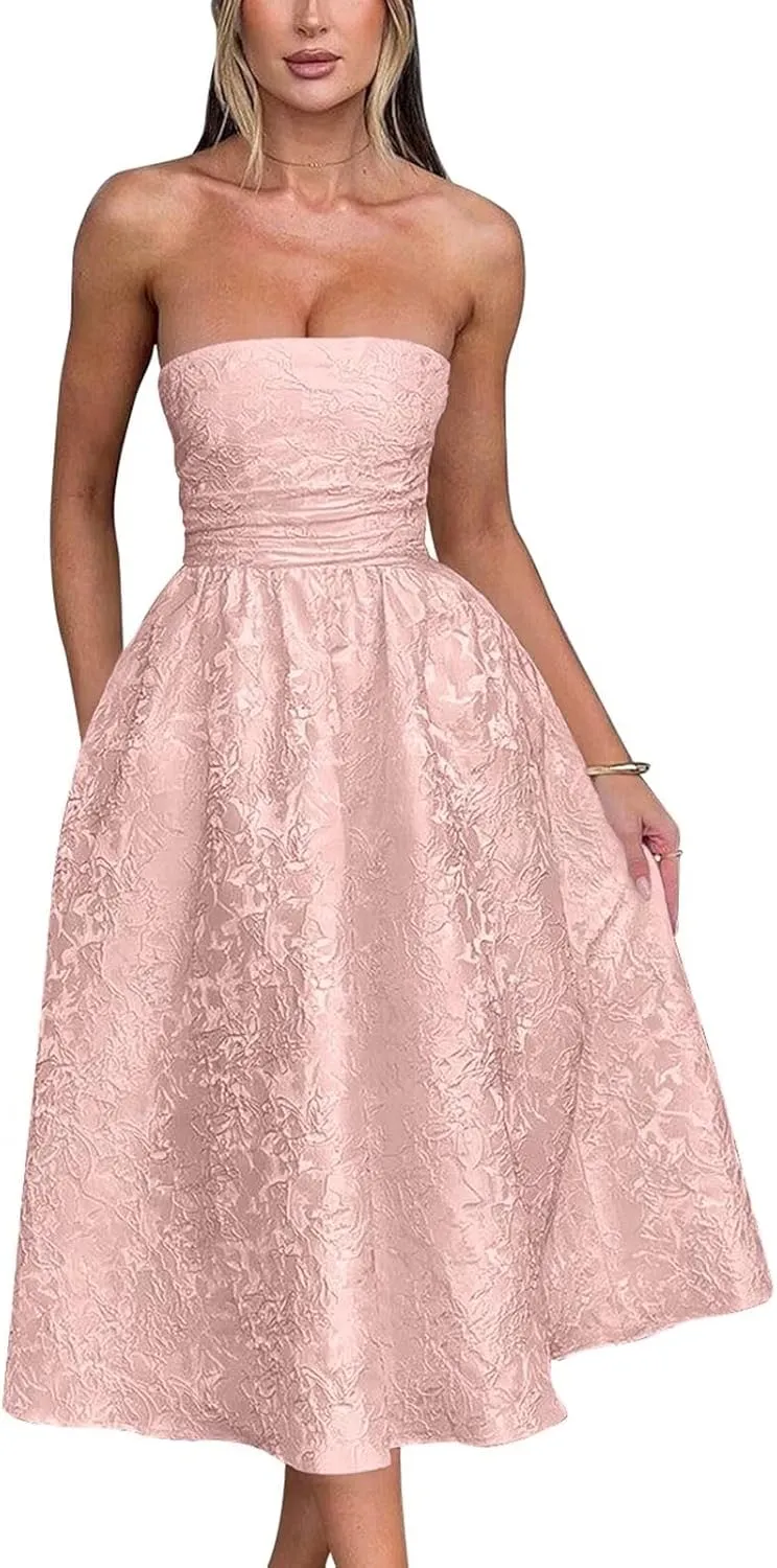UZN Strapless Jacquard Satin Prom Dresses Floral Midi HOCO Dress Formal Party Gowns with Pockets