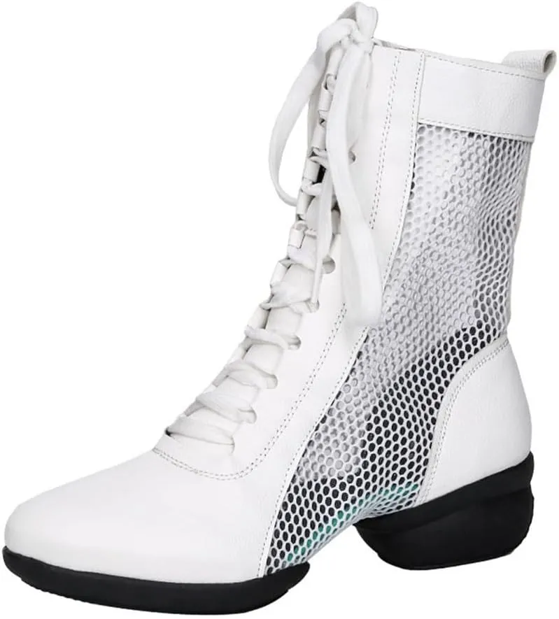 VEACAM High Top Jazz Dance Boots, Split Sole Ballet Dancing Sneakers for Women Breathable Leather Ballroom Shoes Spring Summer