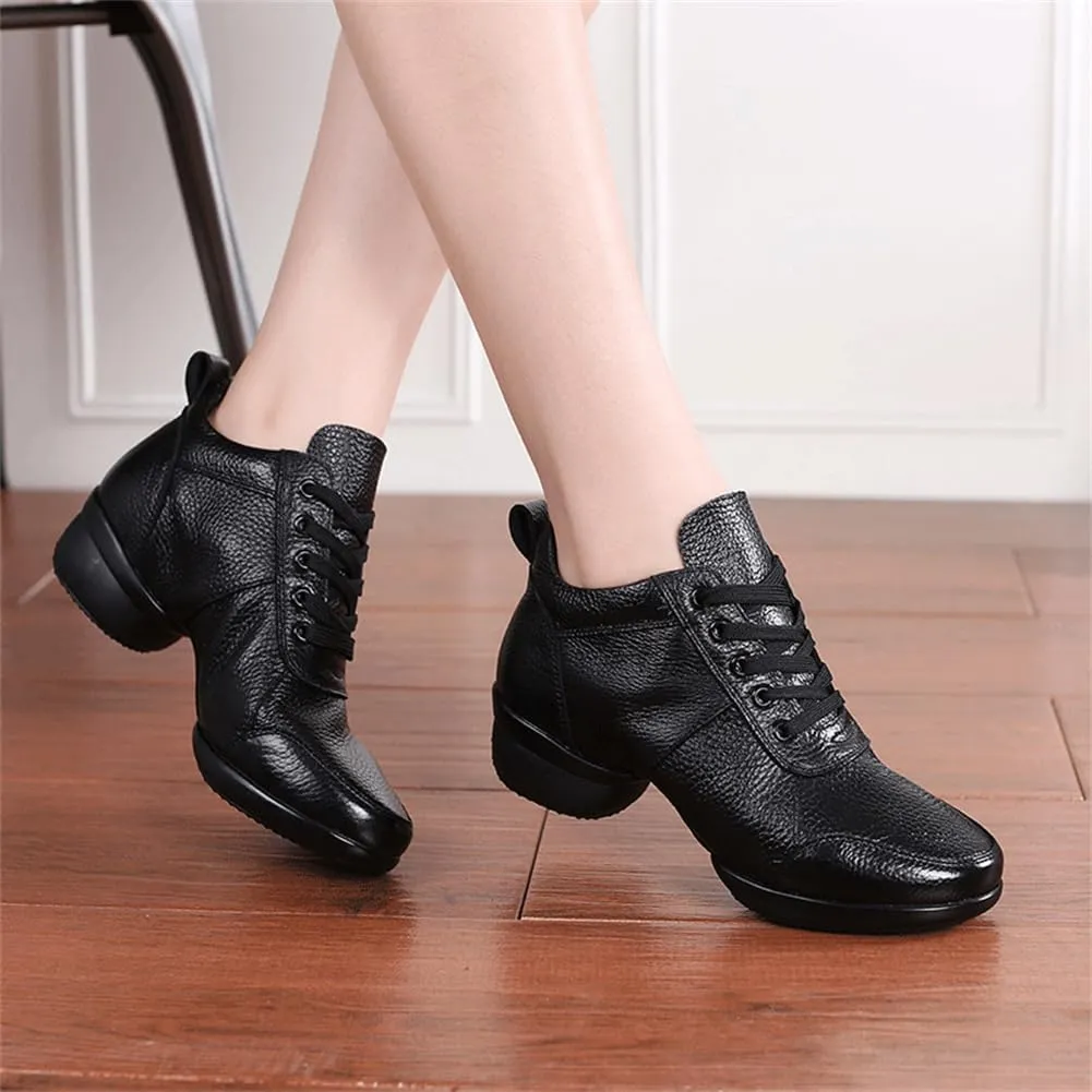 VEACAM Women's Leather Practice Dancing Shoes Split-Sole Jazz Sneakers Comfort Casual Walking Exercise Dance Shoes
