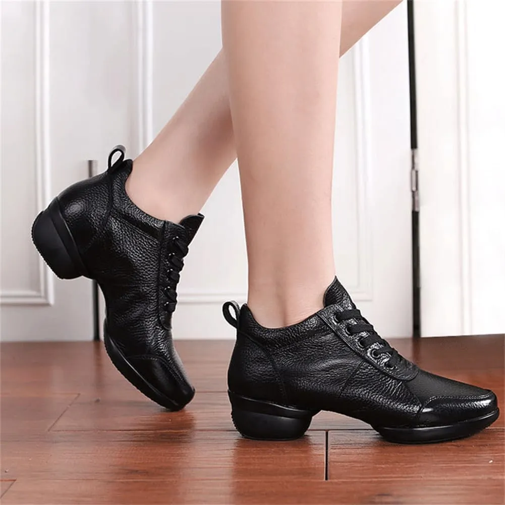 VEACAM Women's Leather Practice Dancing Shoes Split-Sole Jazz Sneakers Comfort Casual Walking Exercise Dance Shoes