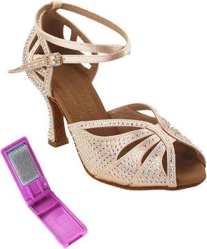 Very Fine Dance Shoes - Ladies Latin, Rhythm, Salsa, Waltz Ballroom Dance Shoes - S1003CC - 2.5-inch Heel and Foldable Brush Bundle - Flesh Satin - 7.5