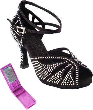 Very Fine Dance Shoes - Ladies Latin, Rhythm, Salsa, Waltz Ballroom Dance Shoes - S1003CC - 3-inch Heel and Foldable Brush Bundle - Black Satin - 6.5