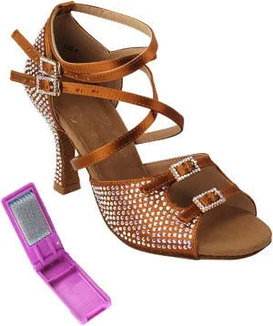 Very Fine Dance Shoes - Ladies Latin, Rhythm, Salsa, Waltz Ballroom Dance Shoes - S1004CC - 2.5-inch Heel and Foldable Brush Bundle - Copper Tan Satin - 7