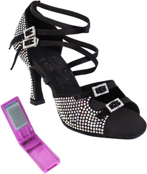 Very Fine Dance Shoes - Ladies Latin, Rhythm, Salsa, Waltz Ballroom Dance Shoes - S1004CC - 3-inch Heel and Foldable Brush Bundle - Black Satin - 8