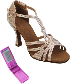 Very Fine Dance Shoes - Ladies Latin, Rhythm, Salsa, Waltz Ballroom Dance Shoes - S1008CC - 3-inch Heel and Foldable Brush Bundle - Flesh Satin - 9