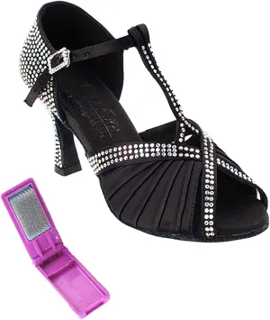 Very Fine Dance Shoes - Ladies Latin, Rhythm, Salsa, Waltz Ballroom Dance Shoes - S1010CC - 2.5-inch Heel and Foldable Brush Bundle - Black Satin - 7
