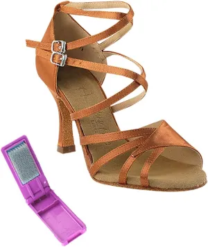 Very Fine Dance Shoes - Ladies Latin, Rhythm, Salsa, Waltz Ballroom Dance Shoes - SERA1662B - 3-inch Heel and Foldable Brush Bundle - Dark Tan Satin - 6