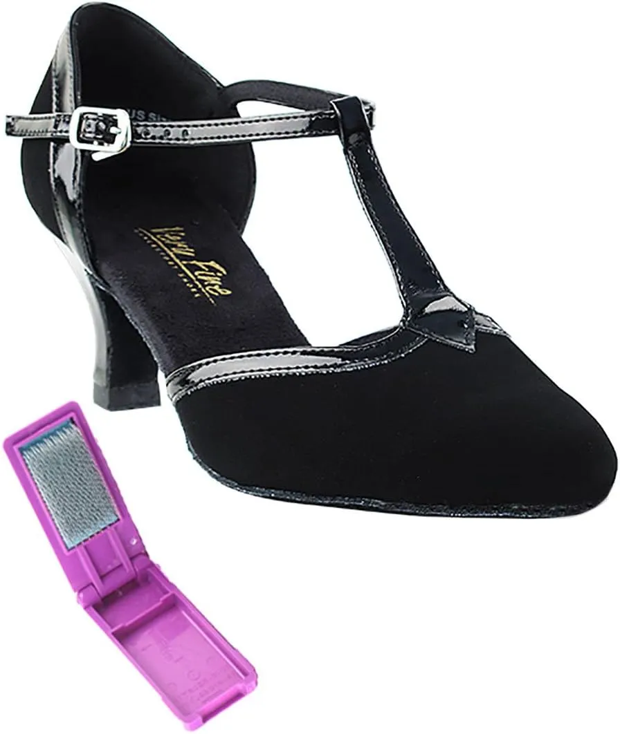 Very Fine Dance Shoes - Ladies Practice, Cuban Low Heel, Waltz Ballroom Dance Shoes - 9627-2.5-inch Heel and Foldable Brush Bundle - Black Nubuck - Black Trim - 8
