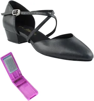 Very Fine Dance Shoes - Ladies Practice, Cuban Low Heel, Waltz Ballroom Dance Shoes - 9691FT - 1-inch Heel and Foldable Brush Bundle - Black PU - 7.5