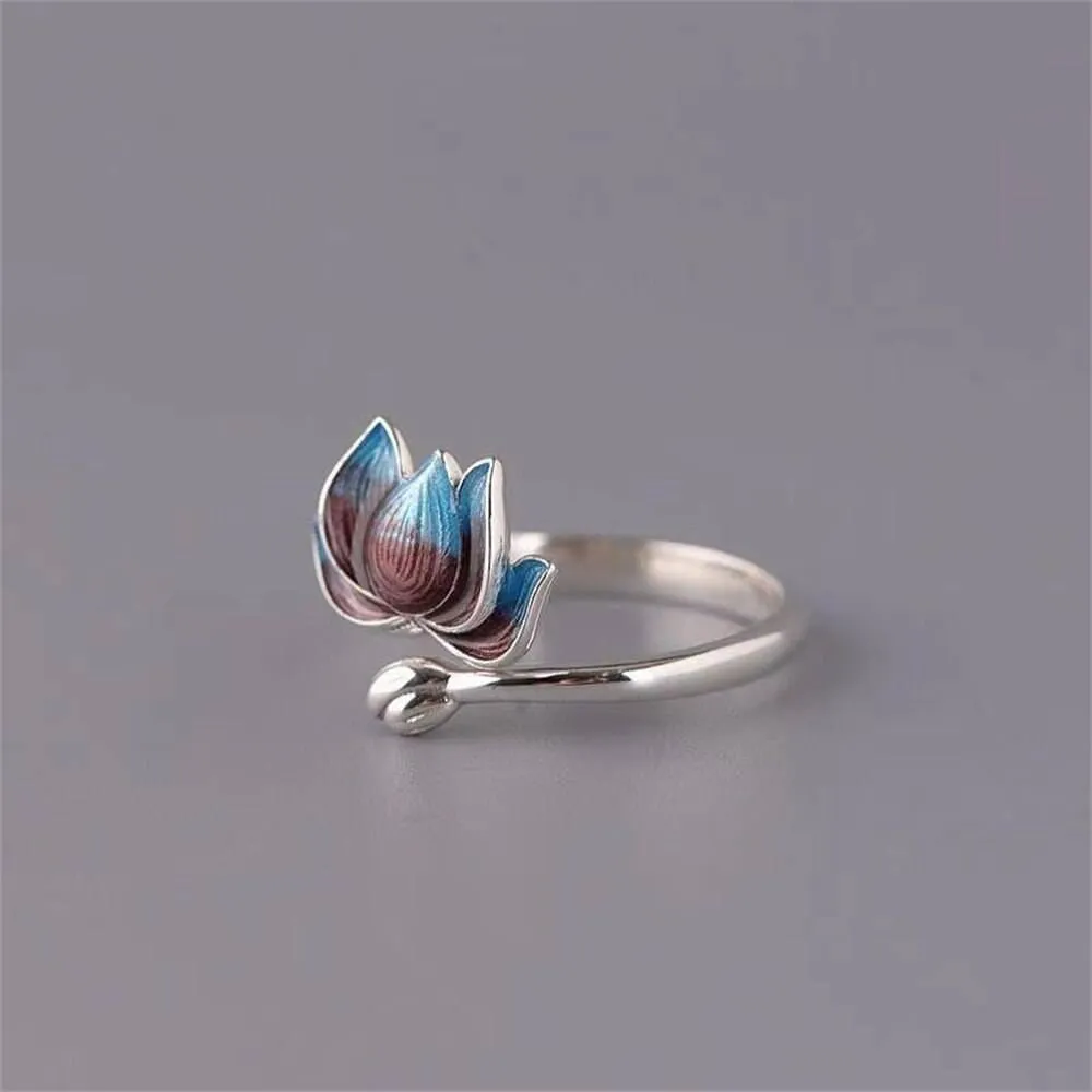 Vintage Silver Plated Blue Lotus Flower Ring