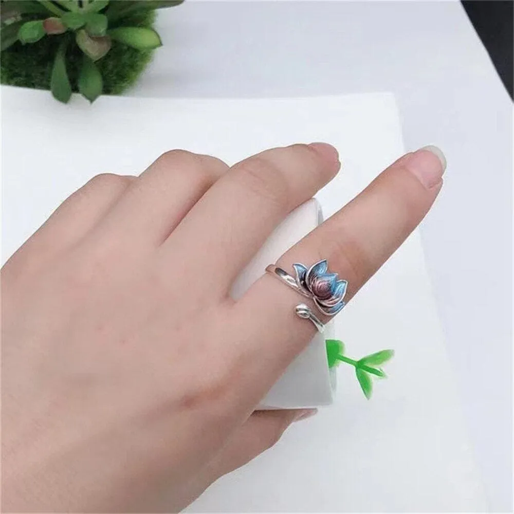 Vintage Silver Plated Blue Lotus Flower Ring