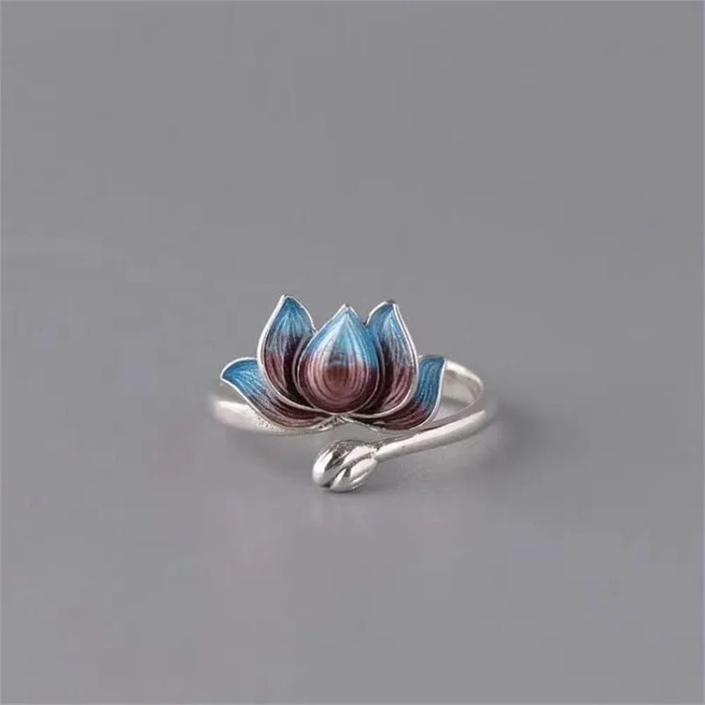 Vintage Silver Plated Blue Lotus Flower Ring
