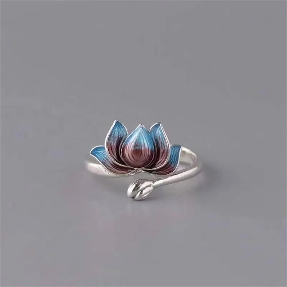 Vintage Silver Plated Blue Lotus Flower Ring