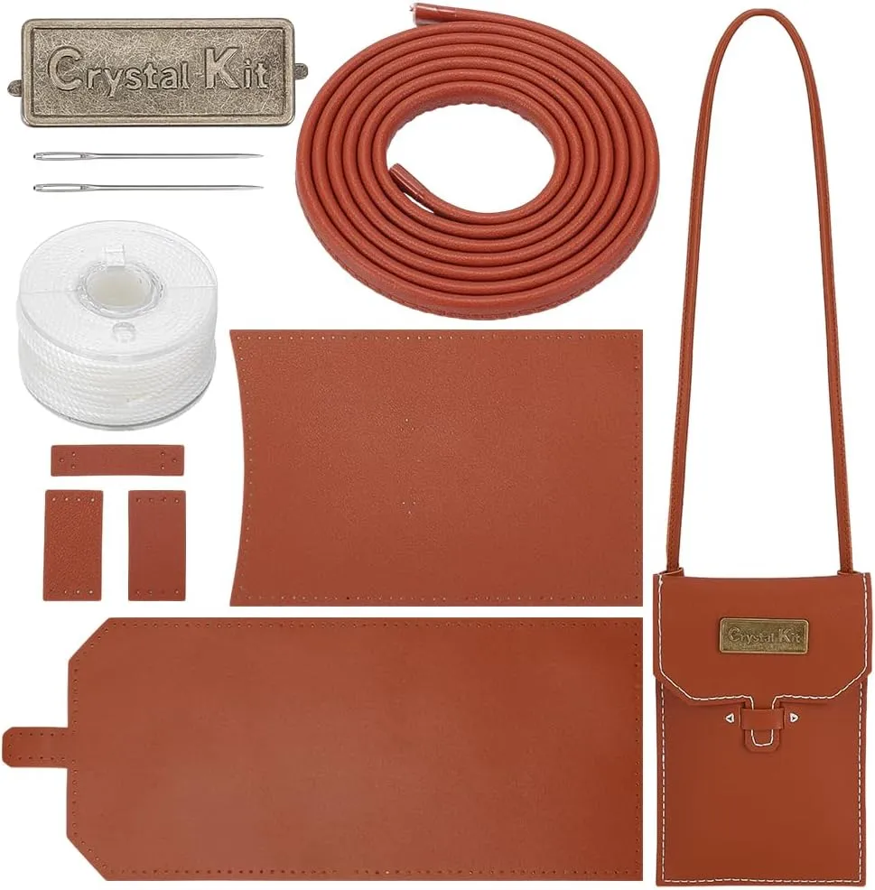 WADORN DIY Small Crossbody Cell Phone Bag Kit, Handmade PU Leather Purse Sewing Material Set Women Shoulder Wallet Making Tool Set Handicraft Purse Making Supplies Women Gift,19x12x0.5cm, Saddle Brown