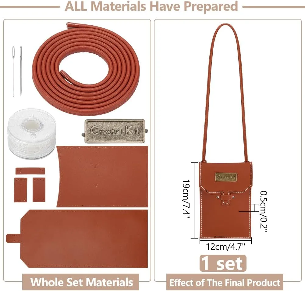 WADORN DIY Small Crossbody Cell Phone Bag Kit, Handmade PU Leather Purse Sewing Material Set Women Shoulder Wallet Making Tool Set Handicraft Purse Making Supplies Women Gift,19x12x0.5cm, Saddle Brown