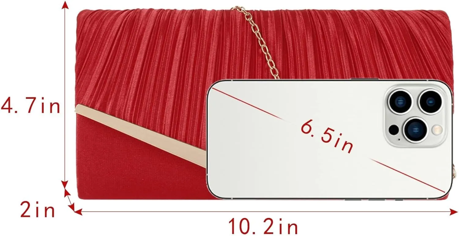 Wedding Party Prom Dress Handbag with Detachable Chain Satin Evening Pleated Envelope Clutch Purse