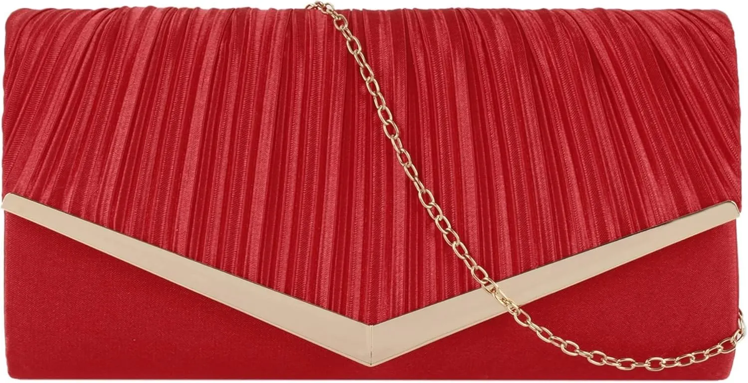 Wedding Party Prom Dress Handbag with Detachable Chain Satin Evening Pleated Envelope Clutch Purse
