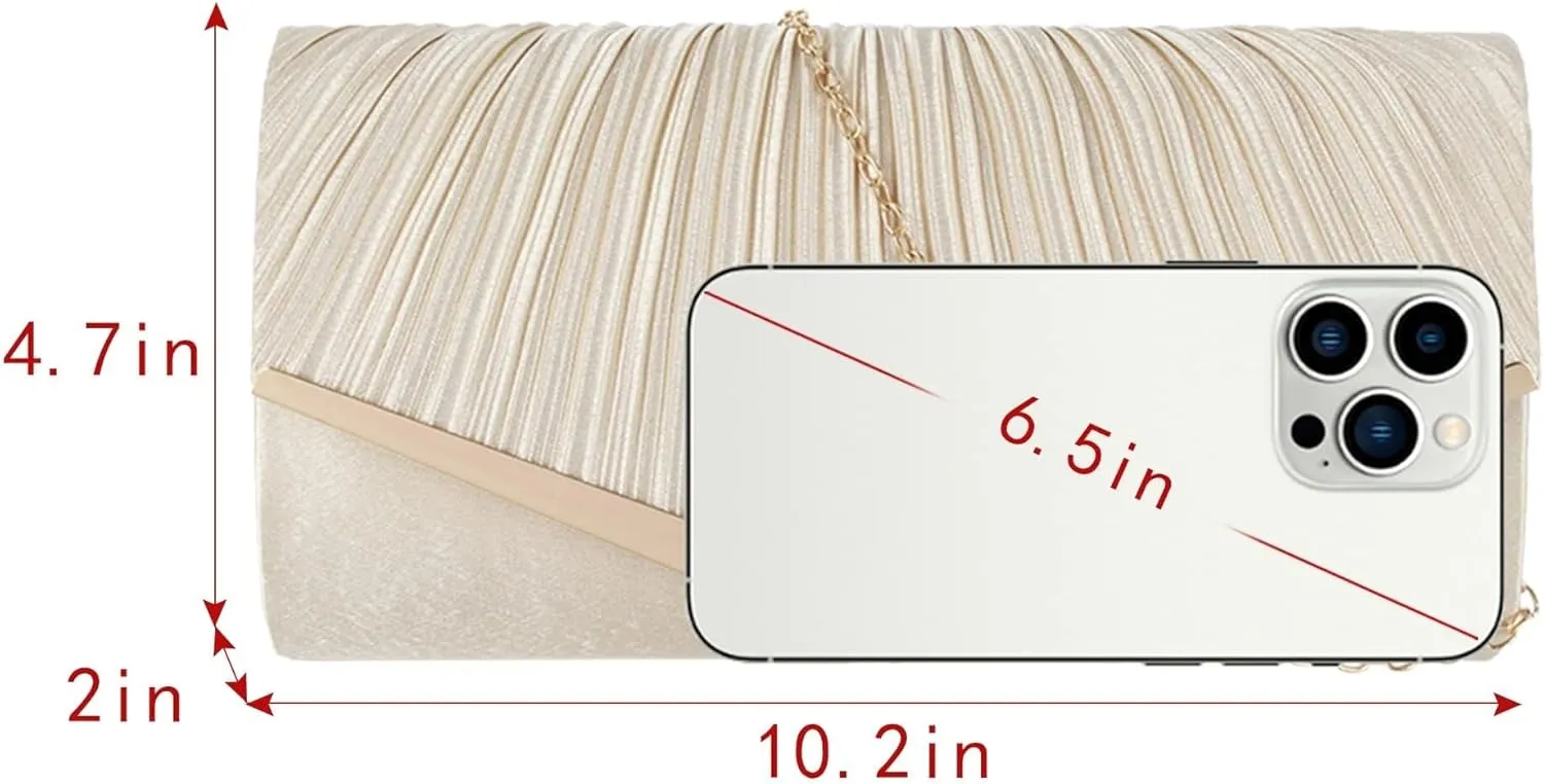Wedding Party Prom Dress Handbag with Detachable Chain Satin Evening Pleated Envelope Clutch Purse