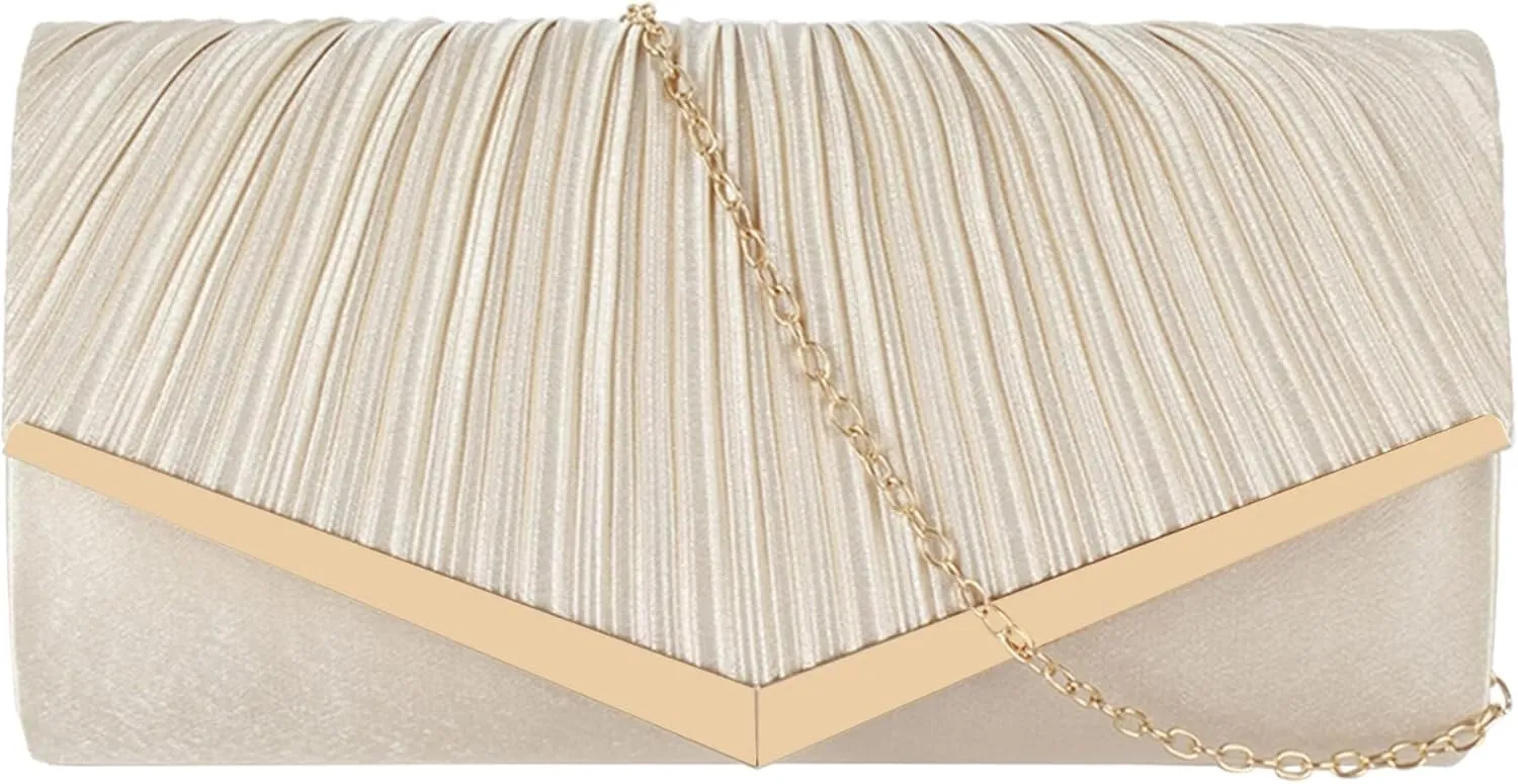 Wedding Party Prom Dress Handbag with Detachable Chain Satin Evening Pleated Envelope Clutch Purse