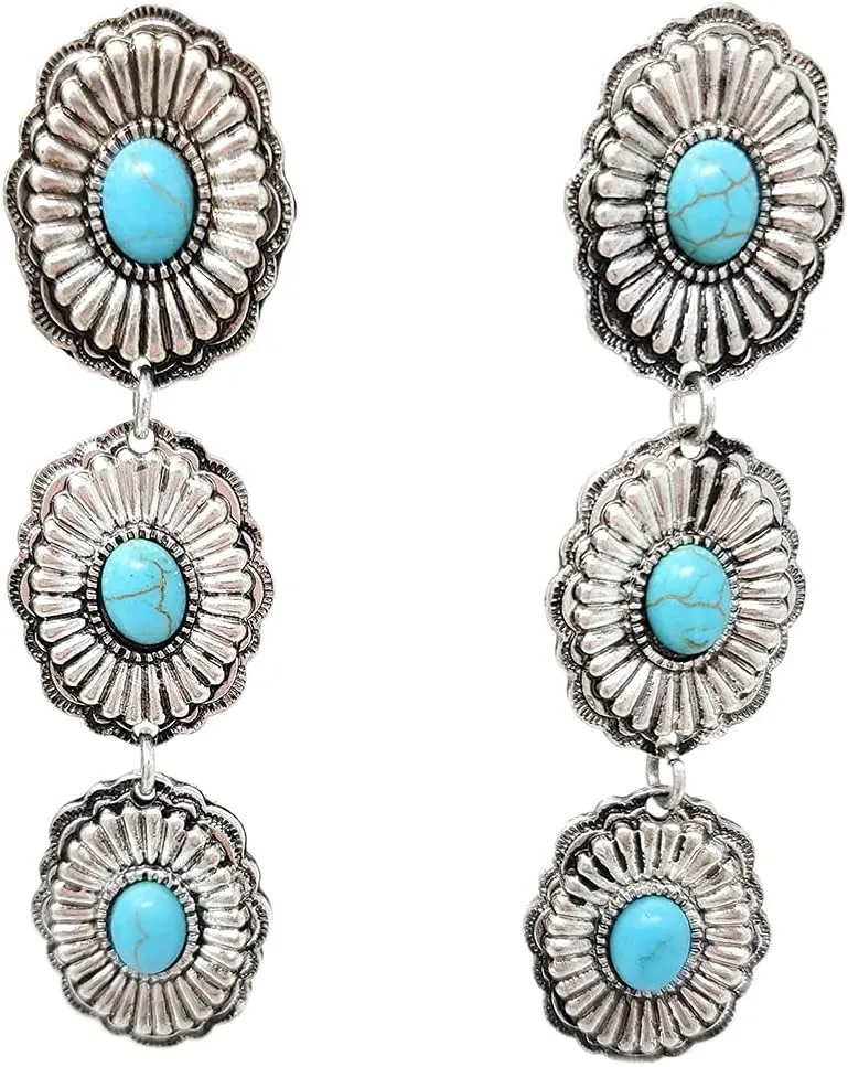 Western Turquoise Large Conchos Drop Dangling Post Earrings Boho
