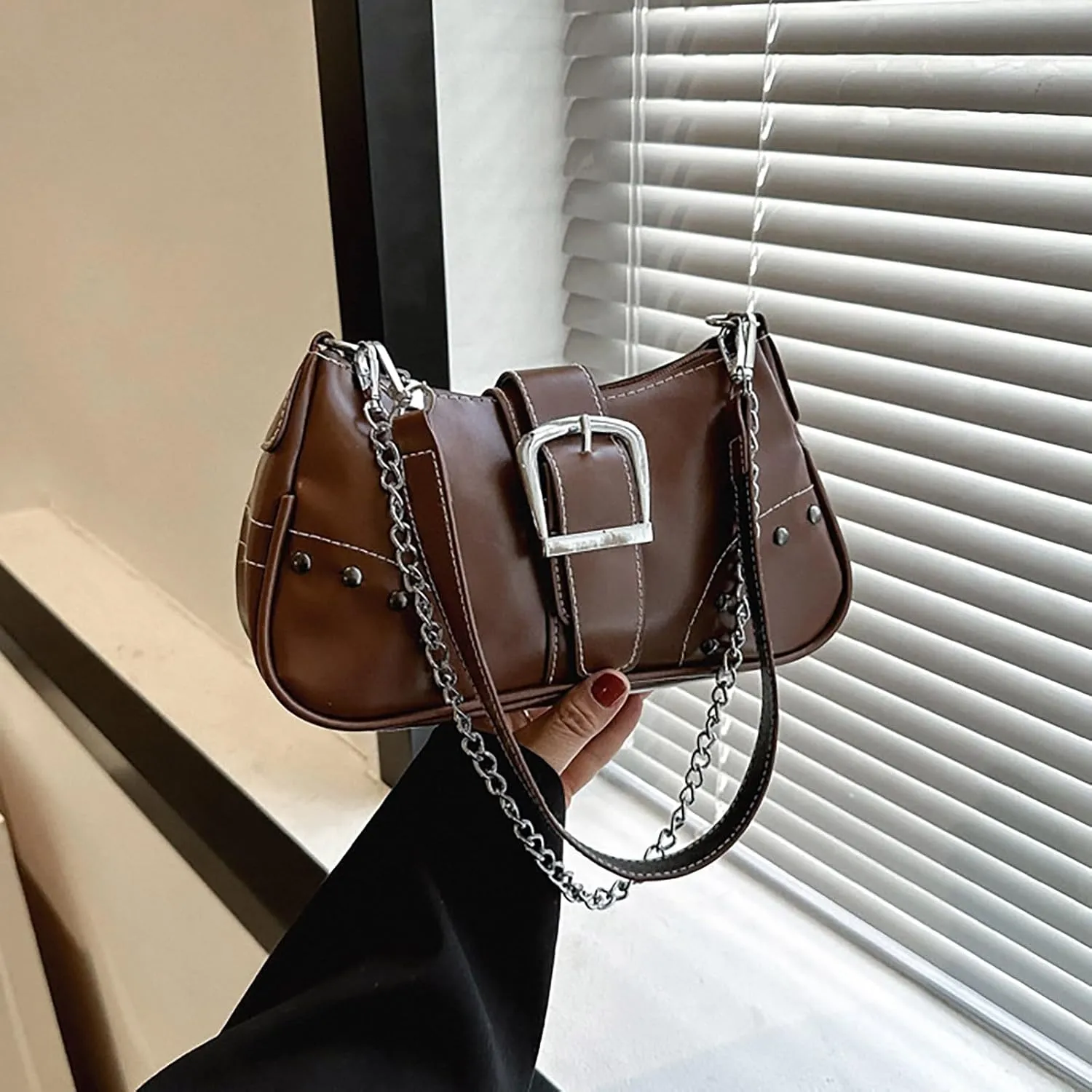 Women Armpit Bag For Lady Cool Style Bag With Chain Ornament Men's Leather Bag