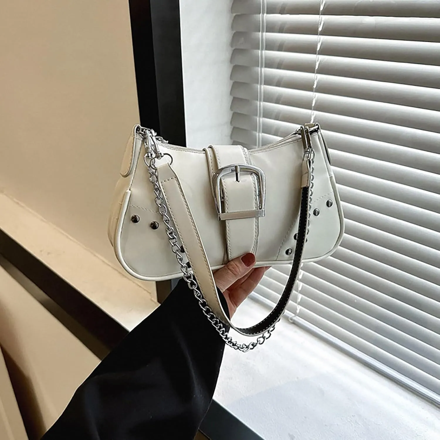 Women Armpit Bag For Lady Cool Style Bag With Chain Ornament Men's Leather Bag