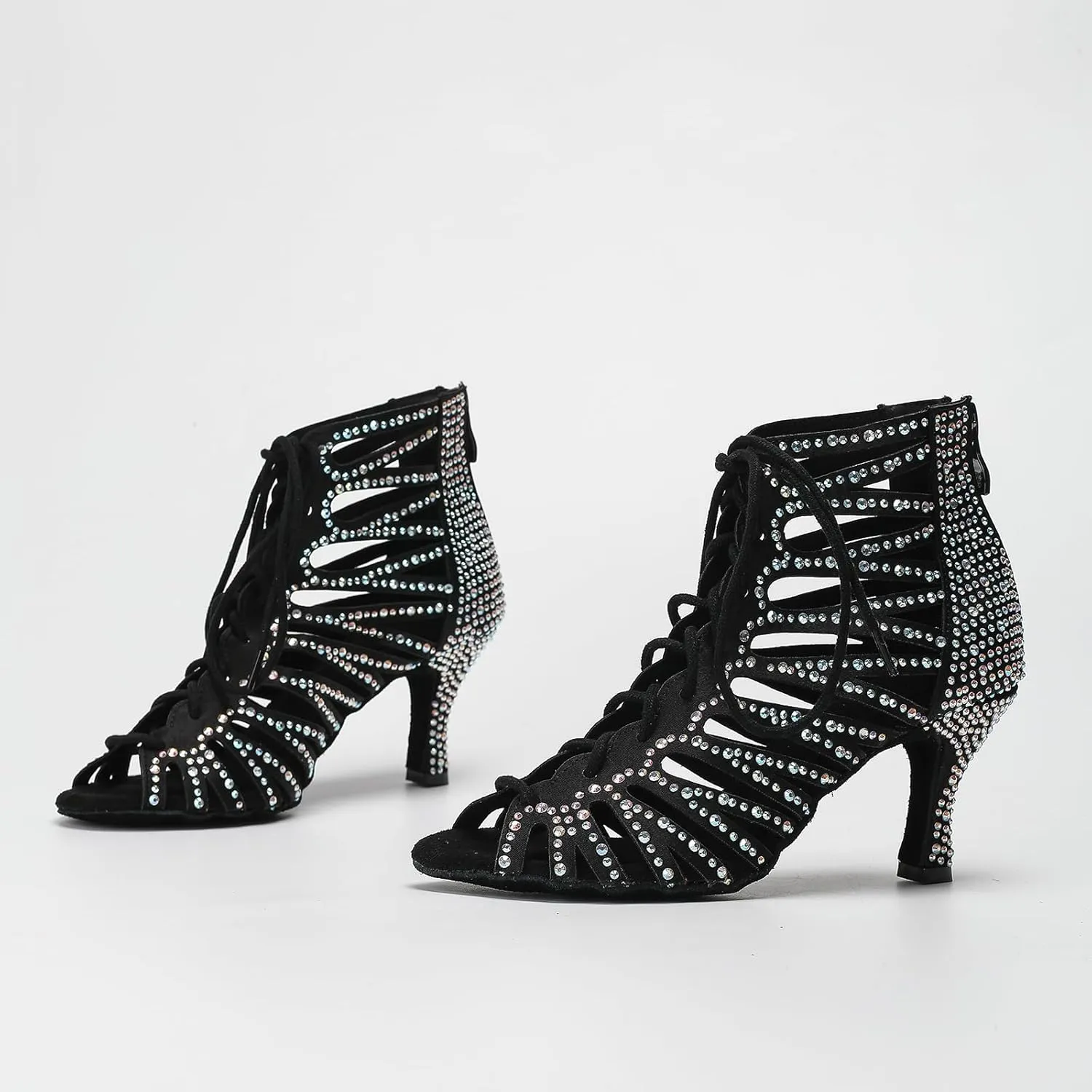 Women Ballroom Dance Shoes Latin Salsa Practice Performance Diamond-Studded Fashion Hollow Lace-Up High Heels Shoes
