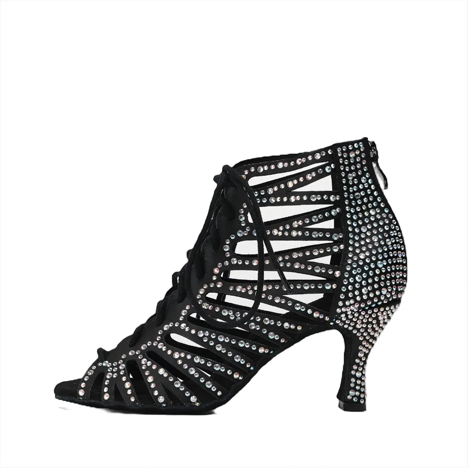 Women Ballroom Dance Shoes Latin Salsa Practice Performance Diamond-Studded Fashion Hollow Lace-Up High Heels Shoes