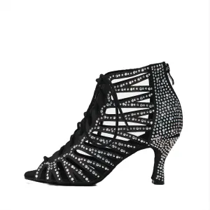 Women Ballroom Dance Shoes Latin Salsa Practice Performance Diamond-Studded Fashion Hollow Lace-Up High Heels Shoes